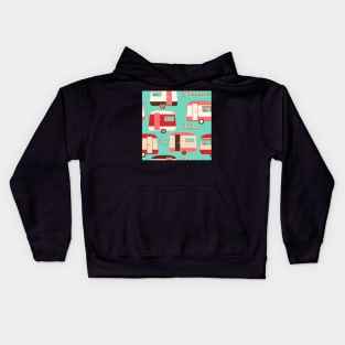 Repeat pattern of cute vintage caravans in retro colours pinks on turquoise Kids Hoodie